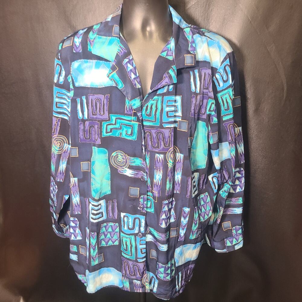 Vintage 90s Erin London blue abstract pattern button-down shirt size XL